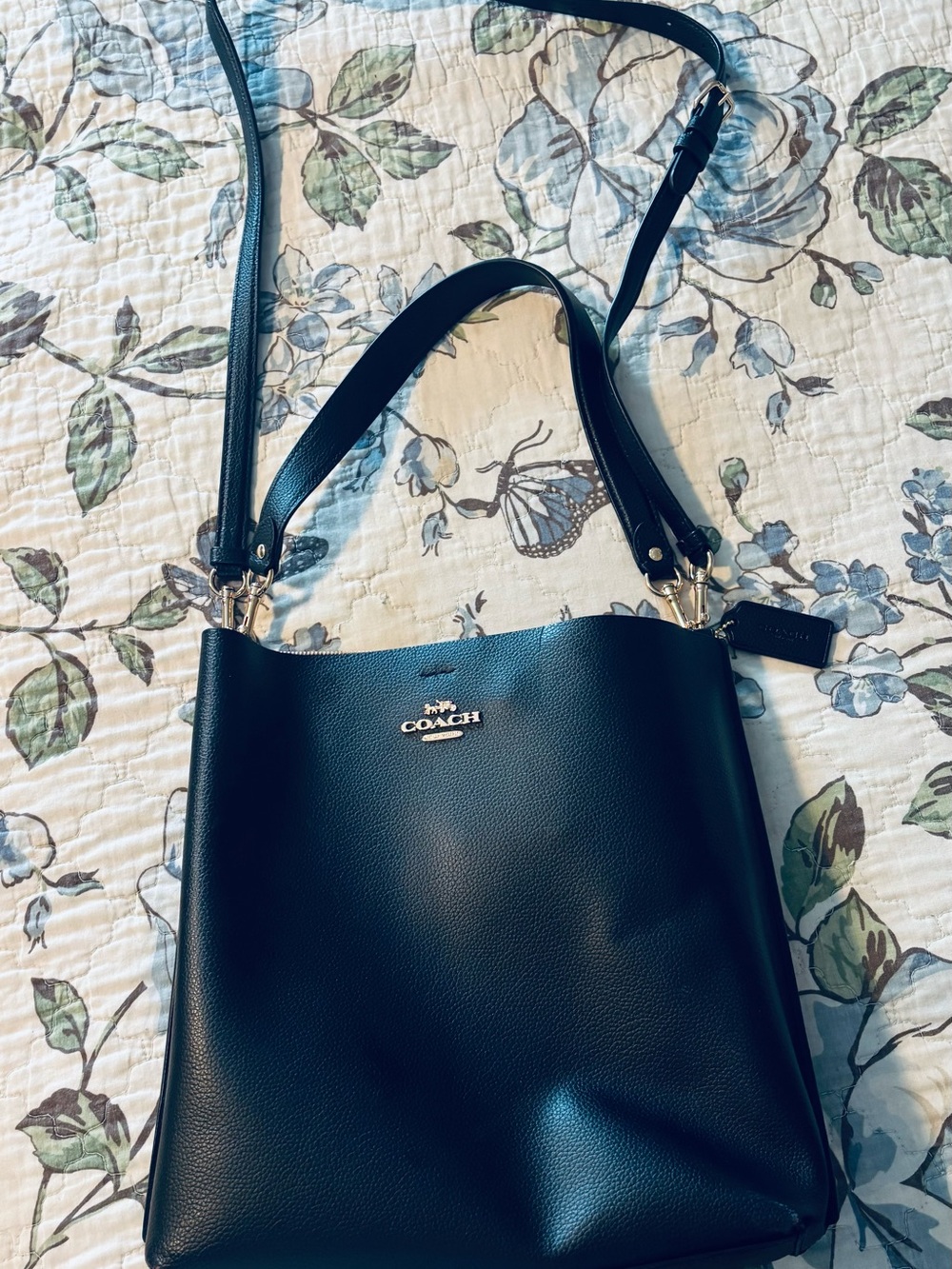 COACH Black Pebbled Leather Shoulder Tote with Gold-Tone Logo